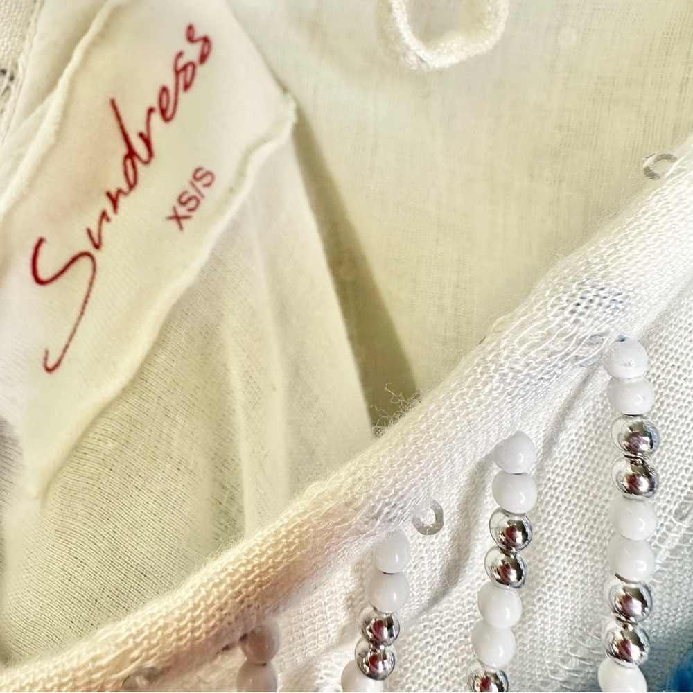 Sundress Indiana White Sequin Turquoise Beaded Tassels Swim Cover-Up Mini Dress - Picture 5 of 9